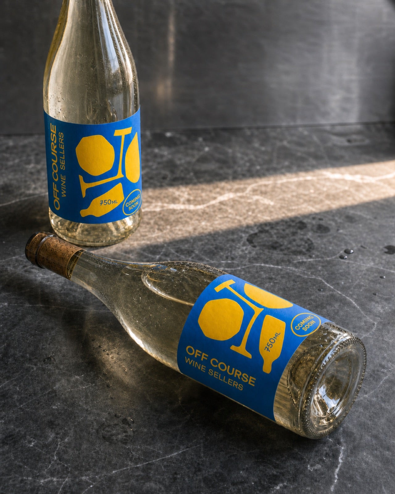 Off Course wine bottle, blue and yellow label, coming soon