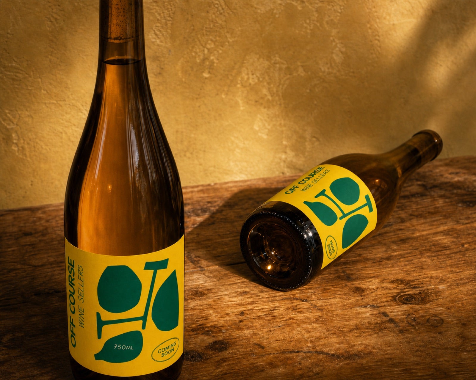 Off Course wine bottle, yellow and green label, coming soon